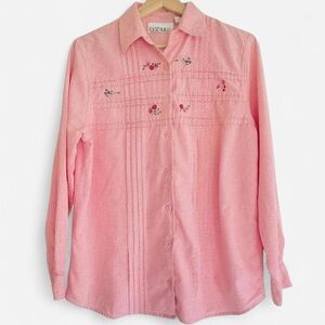 Vintage Casey & Max Pink Gingham Embroidered Floral Long Sleeve Button Shirt